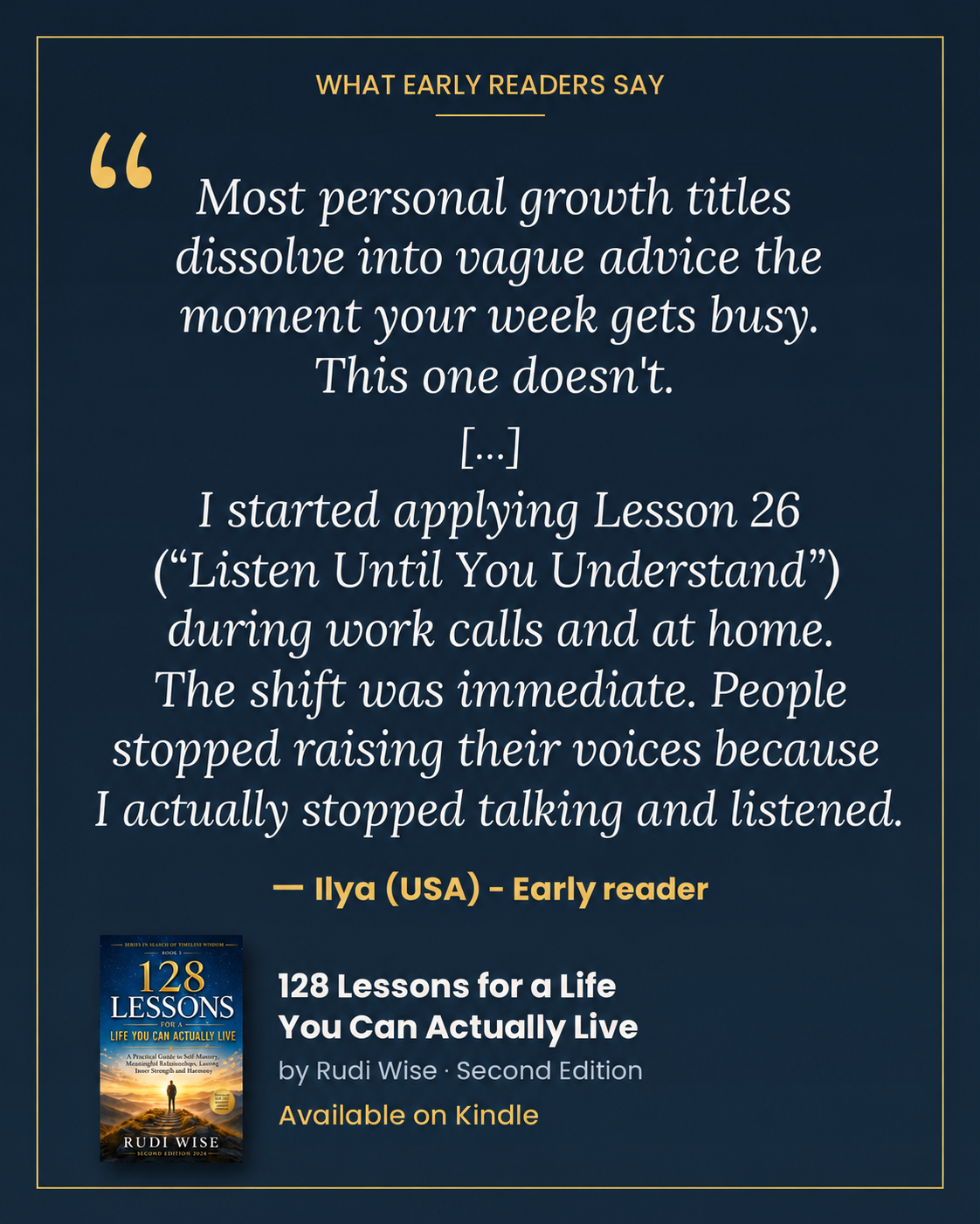 Ilya (USA) – Early reader. Most personal growth titles dissolve into vague advice the moment your week gets busy. This one doesn't.